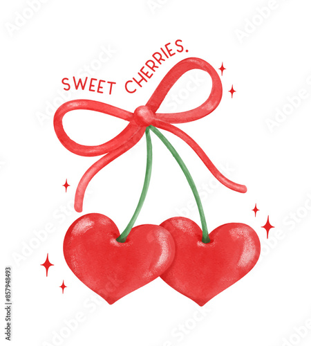 Retro Coquette Red Heart cherries with red ribbon bow, aesthetic watercolor hand drawing