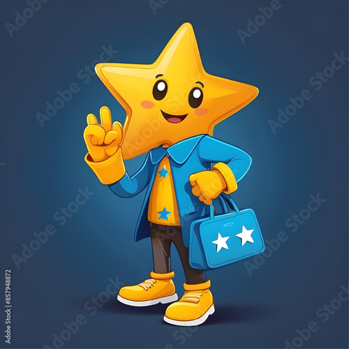 Star Mascot: A cheerful yellow star mascot with a blue jacket and matching bag gives a thumbs-up, radiating positivity and charm. Perfect for branding, children's books, and educational materials. 