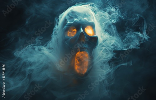 Glowing Skull Emerging From Blue Smoke