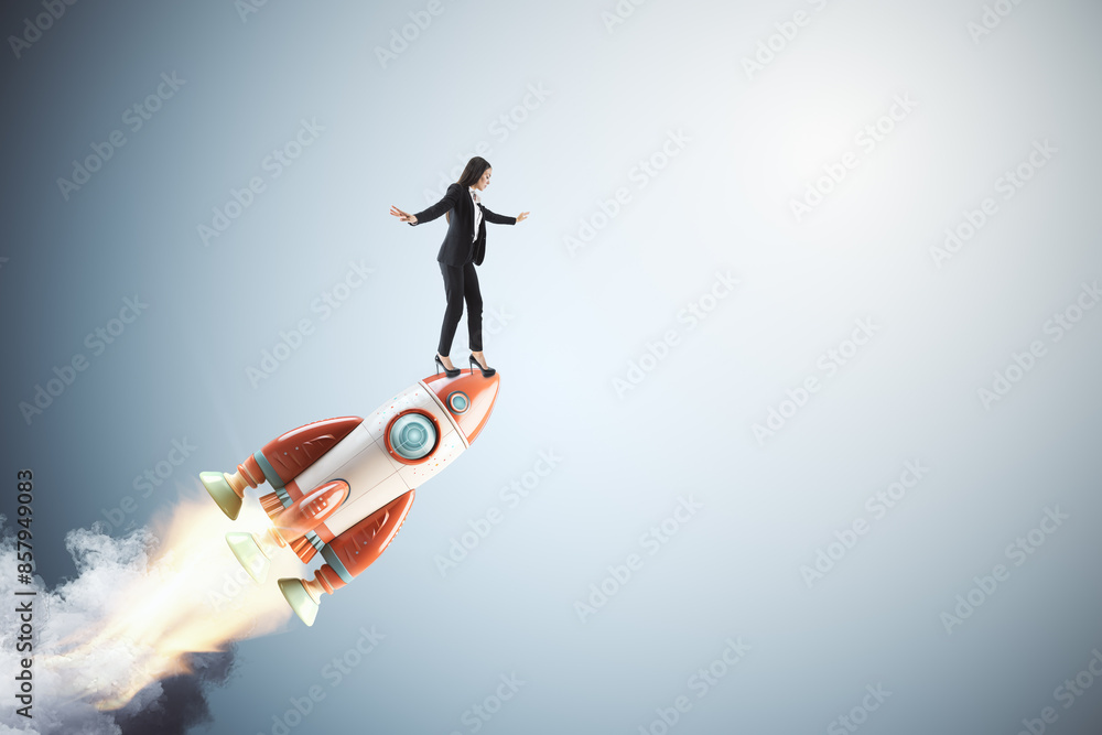 A woman in business attire balancing on a rocket, creative composite on a gradient blue background, concept of innovation. Generative AI A woman in business attire balancing on a rocket, creative composite on a gradient blue background, concept of innovation. Generative AI