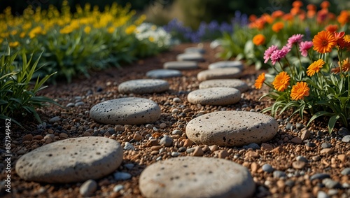 Ein malerischer Gartenweg aus großen Steinplatten, umgeben von lebhaften Blumen in voller Blüte an einem sonnigen Tag  photo