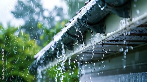 Torrential summer rain storm water overflowing roof gutters