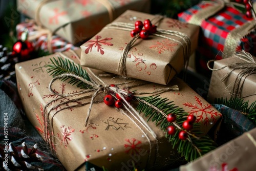 A set of beautifully wrapped Christmas gifts with festive decorations
