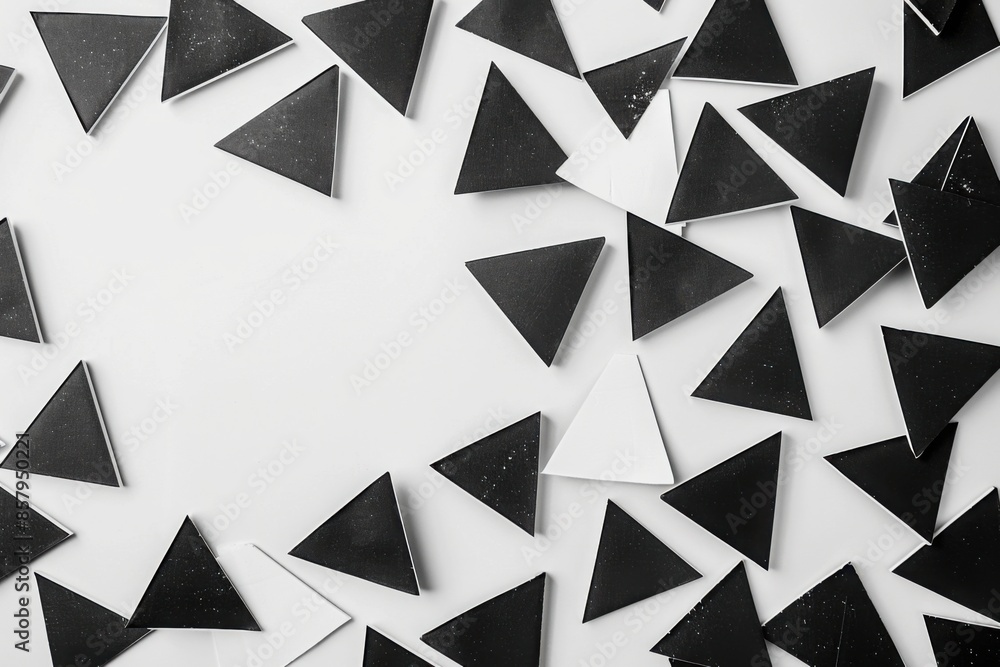 Black and white abstract geometric shapes scattered across a plain background, with significant negative space creating a balanced composition Black and white abstract geometric shapes scattered across a plain background, with significant negative space creating a balanced composition