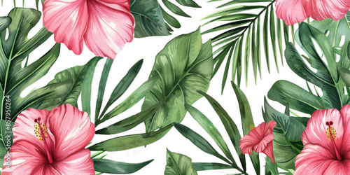 watercolor tropical flowers and leaves seamless pattern on white background