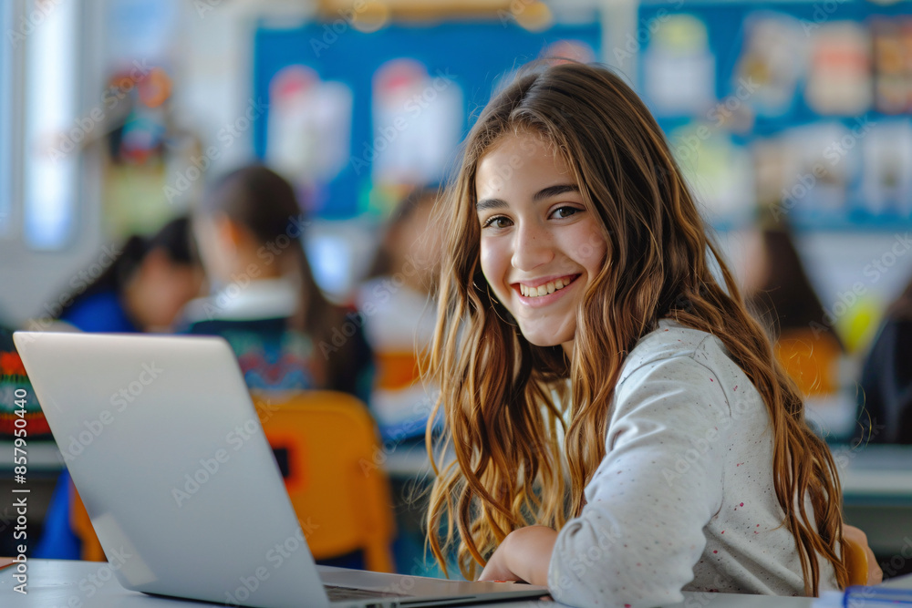 Happy teenager girl child learning with computer notebook in school classroom. Concept for modern technology in education Happy teenager girl child learning with computer notebook in school classroom. Concept for modern technology in education