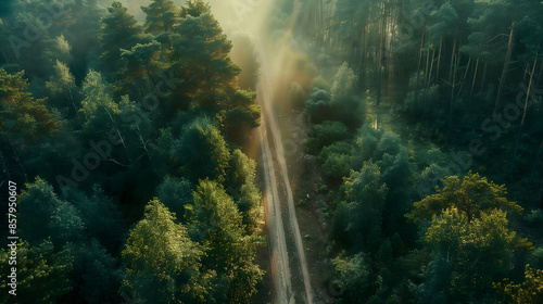 Aerial view of a forest road in the morning, with sunlight shining through the trees  © PixelStock