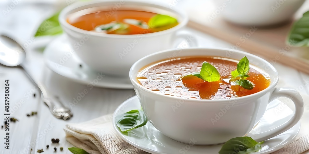 Elegant Presentation of Vegetable Cabbage Soup Served in White Cups. Concept Gourmet Cooking, Table Setting, Food Styling, Fine Dining Aesthetics Elegant Presentation of Vegetable Cabbage Soup Served in White Cups. Concept Gourmet Cooking, Table Setting, Food Styling, Fine Dining Aesthetics