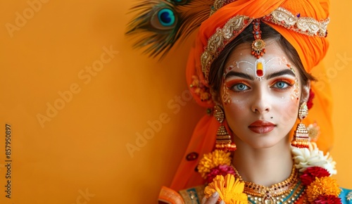 A beautiful Indian girl in a traditional sari and jewelry. Happy young woman  dressed up as Radha on a holiday orange background. Happy Krishna Janmashtami greeting card, copy space. photo