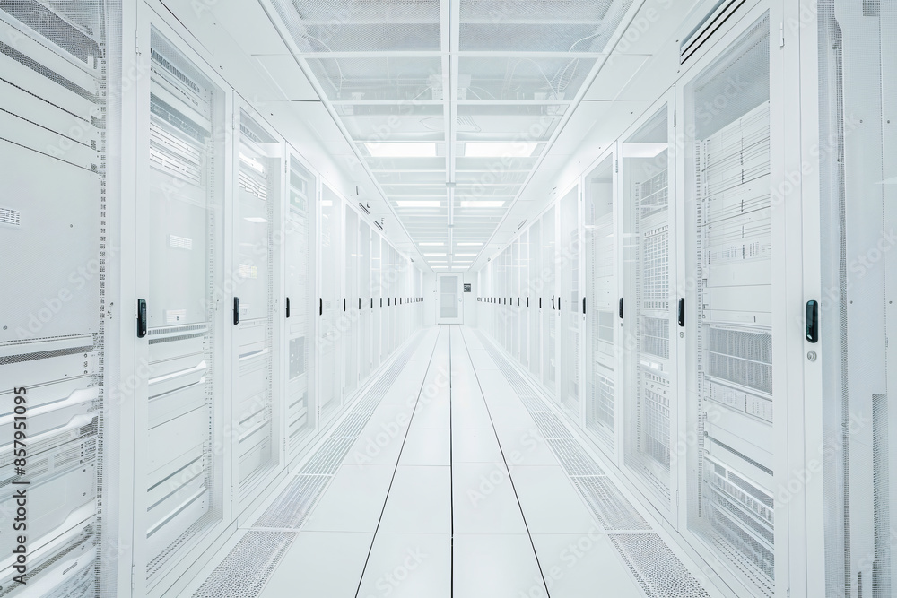 Fototapeta premium 3d rendering of modern white data center with rows of computer server cabinets in an empty room with square tile floor and ceiling lights. White background.
