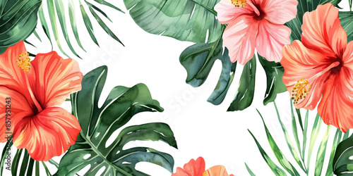 watercolor tropical flowers and leaves seamless pattern on white background
