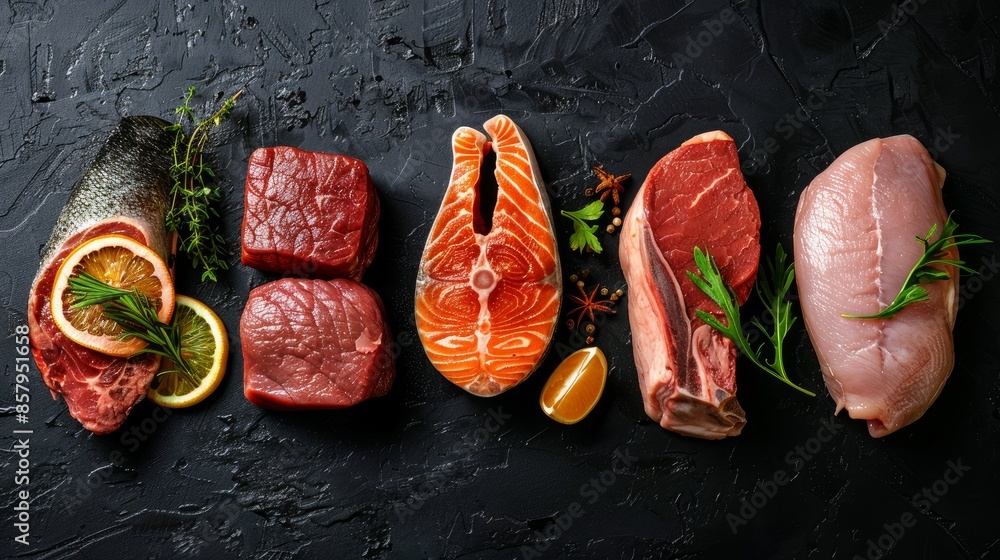 Juicy raw steaks on a black backdrop. There's salmon, beef, pork, and chicken Juicy raw steaks on a black backdrop. There's salmon, beef, pork, and chicken