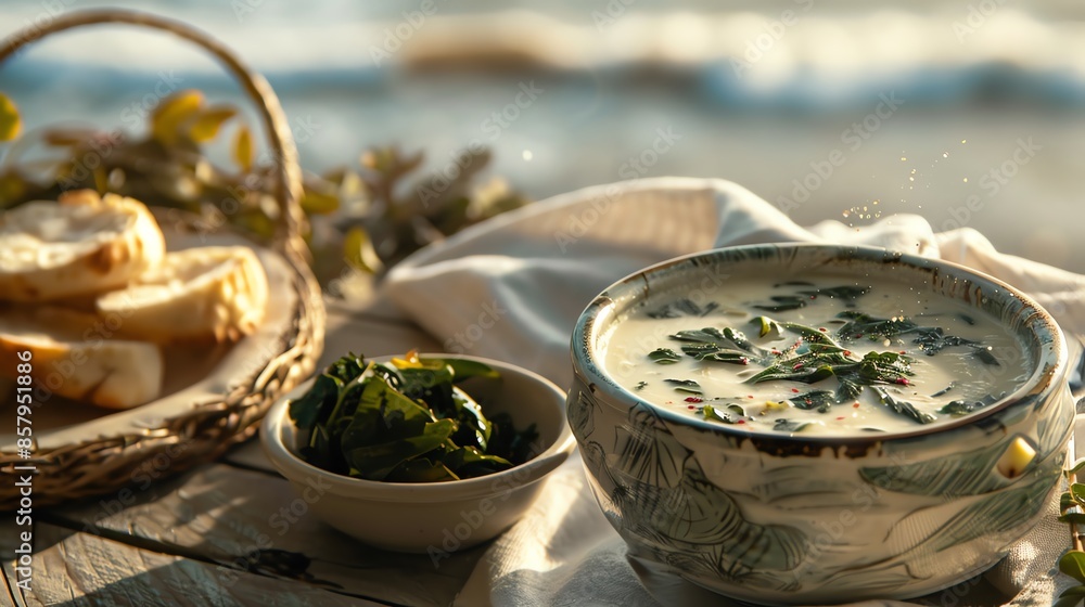 A bowl of Caribbean callaloo soup with leafy greens and coconut milk A bowl of Caribbean callaloo soup with leafy greens and coconut milk