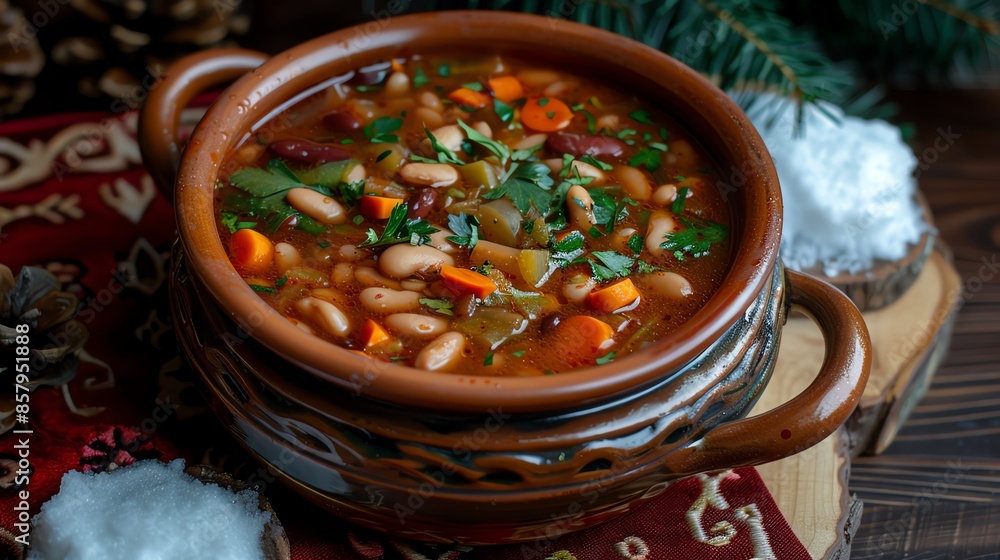A bowl of Bulgarian bob chorba with beans, vegetables, and herbs, served in a traditional clay pot, photographed with a backdrop of snowy Balkan mountains A bowl of Bulgarian bob chorba with beans, vegetables, and herbs, served in a traditional clay pot, photographed with a backdrop of snowy Balkan mountains