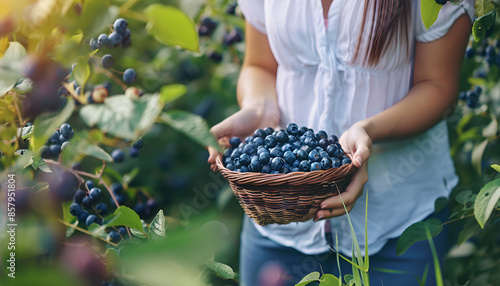 Woman with wicker bowl picking up wild blueberries outdoors, closeup. Seasonal berries photo