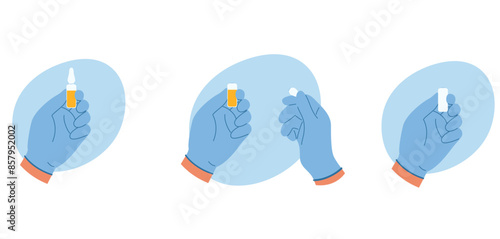 Set of illustrations with doctor hands in rubber glove opened ampoule with liquid for injection. Full, opened and empty ampoule