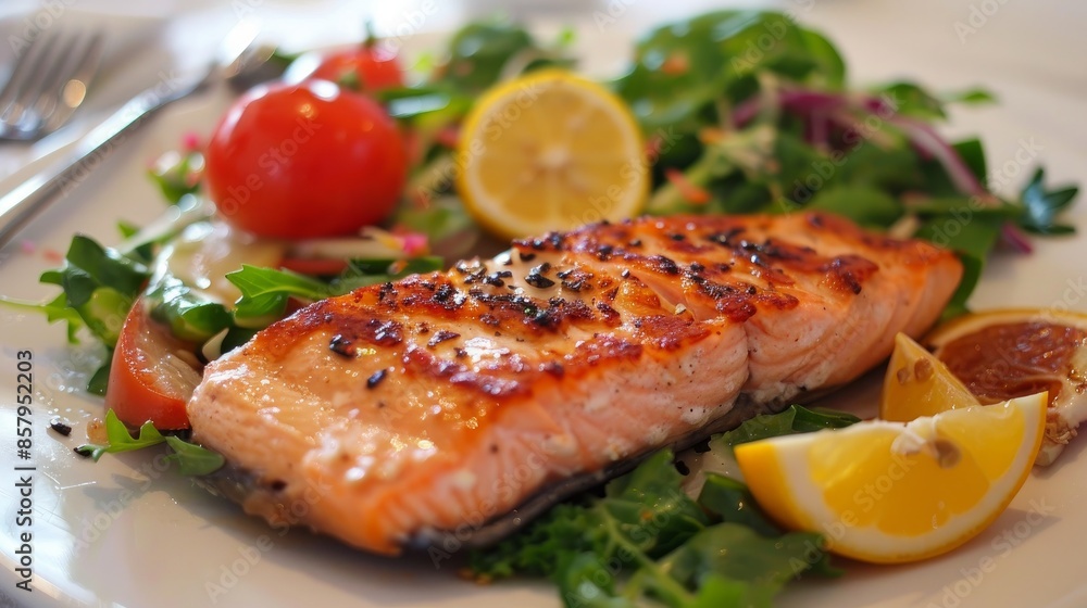 Salmon, salad, and steamed fish for healthy diets like Paleo, keto, and Mediterranean. Asian dish with teriyaki cooked in the oven, gluten-free, and lectin-free Salmon, salad, and steamed fish for healthy diets like Paleo, keto, and Mediterranean. Asian dish with teriyaki cooked in the oven, gluten-free, and lectin-free