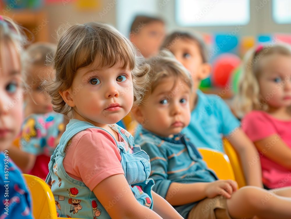 A group of children are sitting on chairs inside the classroom at a school or daycare, and one of them looks at the camera. A group of children are sitting on chairs inside the classroom at a school or daycare, and one of them looks at the camera.