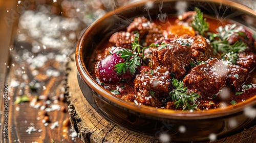 A bowl of Kazakh kuyrdak, a traditional dish of sauteed meat, liver, and onions, served in a ceramic bowl, set on a rustic table with snowcovered Kazakh plains outside photo