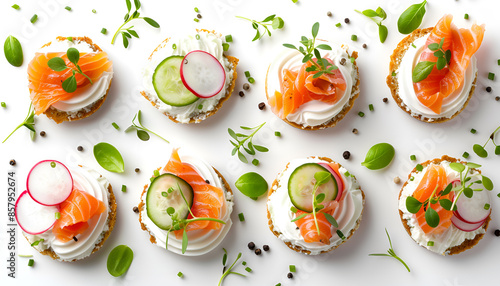Tasty canapes with salmon, cucumber, radish and cream cheese isolated on white, top view