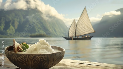 A bowl of Marshallese barramundi with coconut milk photo