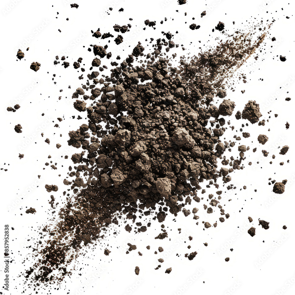 Scattered soil particles forming a starburst pattern in mid-air, set against a white backdrop Scattered soil particles forming a starburst pattern in mid-air, set against a white backdrop
