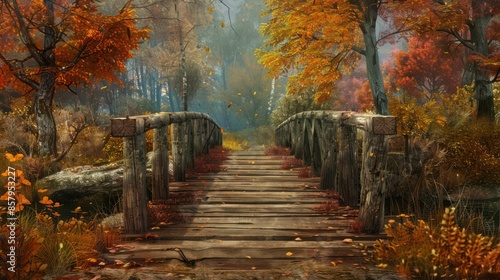 Wooden bridge in a tranquil autumn forest, featuring vibrant fall foliage and a serene atmosphere, ideal for nature and landscape themes. photo