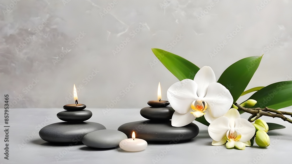 Zen stones, candles and white orchid flower on green and grey background with copy space, wellness and harmony, massage, spa and bodycare concept Zen stones, candles and white orchid flower on green and grey background with copy space, wellness and harmony, massage, spa and bodycare concept