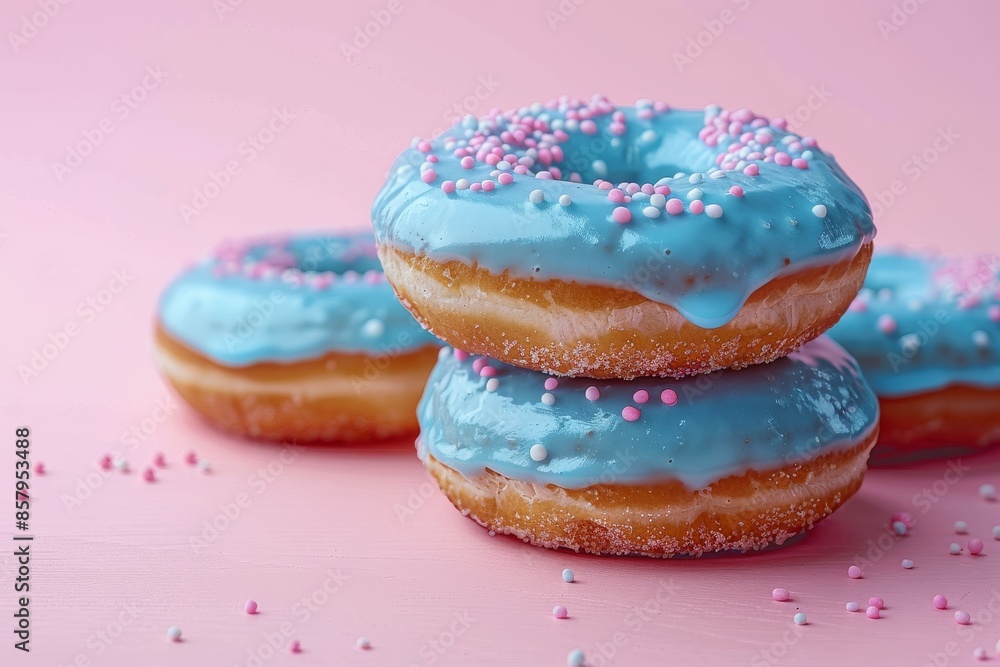 Blue glazed donuts with colorful sprinkles on a pink background with a copy space, Donut aesthetic background Blue glazed donuts with colorful sprinkles on a pink background with a copy space, Donut aesthetic background