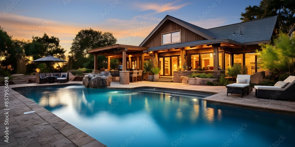 Obraz premium Luxurious Arizona Home Featuring a Large Backyard Pool and Light Brown Exterior with Wood Shingle Roof. Concept Luxury Home, Arizona Style, Backyard Pool, Exterior Design, Wood Shingle Roof