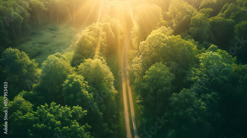 Aerial view of a forest road in the morning, with sunlight shining through the trees
