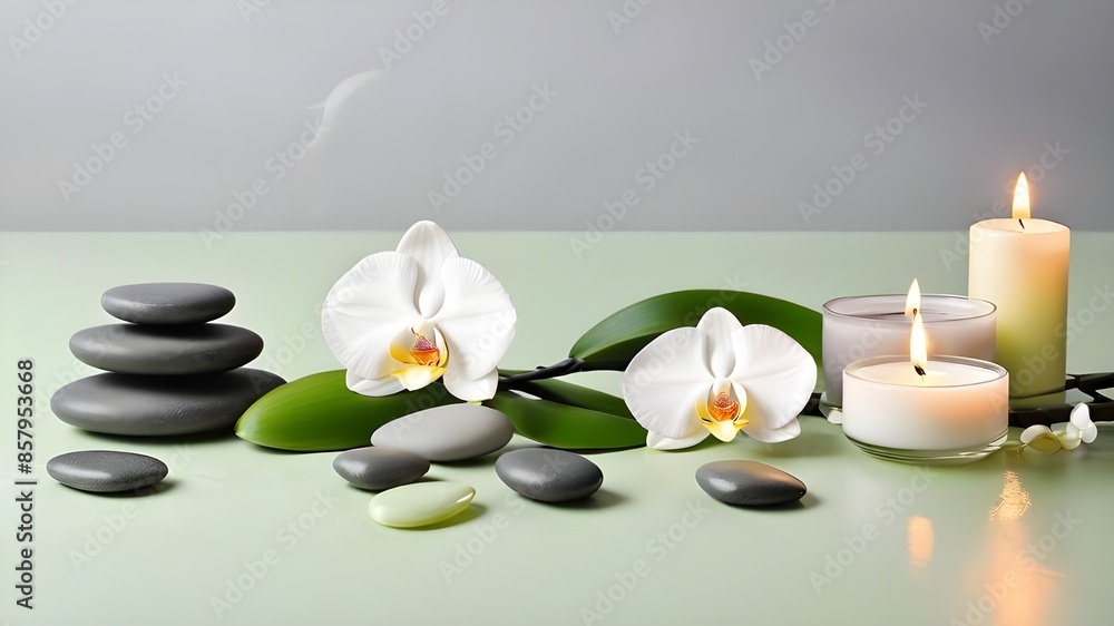 Zen stones, candles and white orchid flower on green and grey background with copy space, wellness and harmony, massage, spa and bodycare concept Zen stones, candles and white orchid flower on green and grey background with copy space, wellness and harmony, massage, spa and bodycare concept