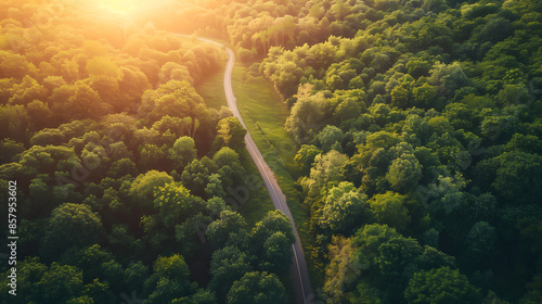 Aerial view of a forest road in the morning, with sunlight shining through the trees
