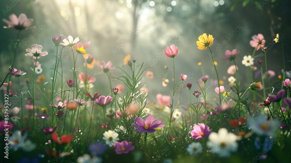 Fototapeta premium Wildflowers in a Misty Morning Field with Soft Sunlight and Dew Droplets