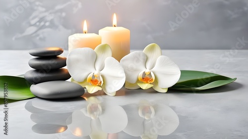 Zen stones, candles and white orchid flower on green and grey background with copy space, wellness and harmony, massage, spa and bodycare concept