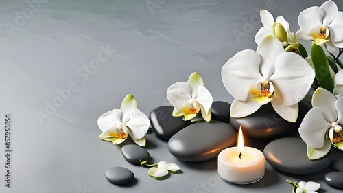 Zen stones, candles and white orchid flower on green and grey background with copy space, wellness and harmony, massage, spa and bodycare concept