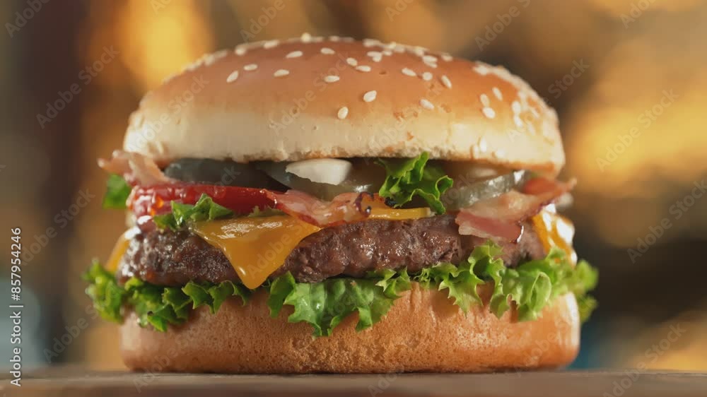 Spinning Premium Hamburger Filmed with Camera Motion. Spinning Premium Hamburger Filmed with Camera Motion.