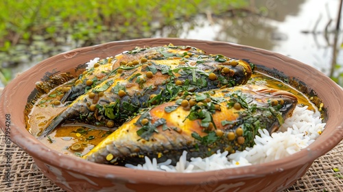 A dish of Bangladeshi hilsa fish curry with mustard sauce