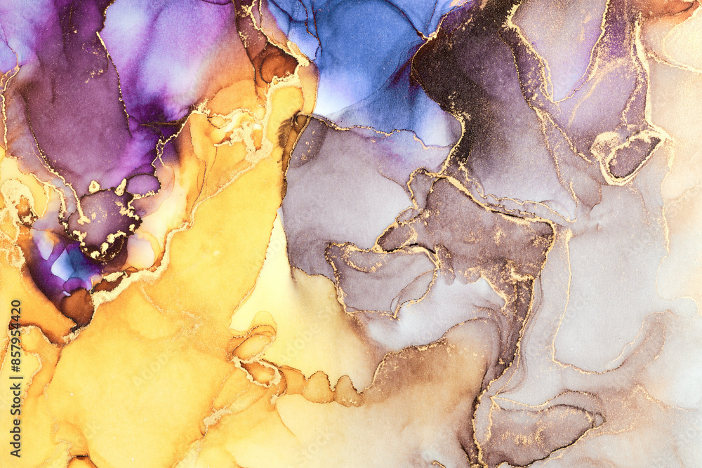 Fototapeta premium Natural luxury abstract fluid art painting in liquid ink technique. Tender and dreamy wallpaper. Mixture of colors creating transparent waves and golden swirls. For posters, other printed materials