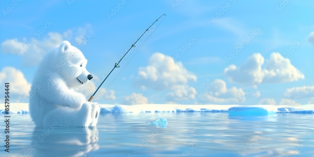 Fototapeta premium Polar Bear Cartoon Fishing on Ice Perfect Wallpaper. Concept Cartoon, Polar Bear, Fishing, Ice, Wallpaper