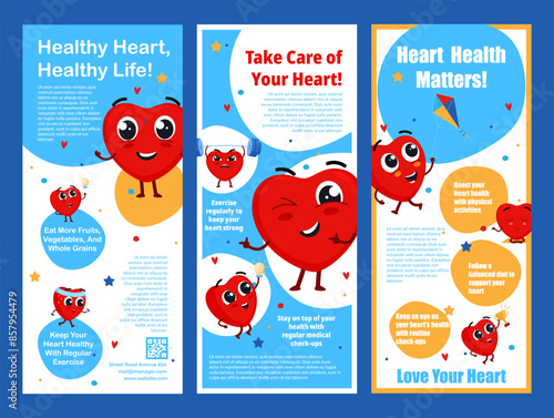 Heart health flyer medical healthcare information poster design template set vector flat