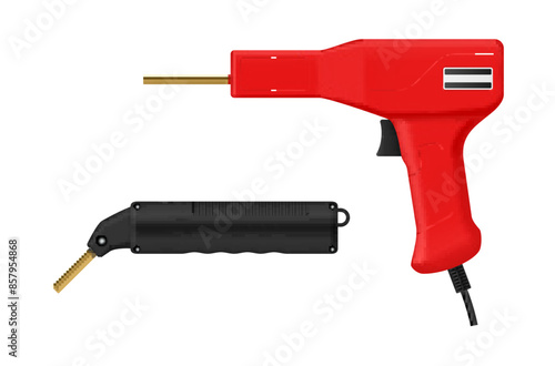 Electric hot glue gun stapler soldering plastic industrial construction tool set realistic vector