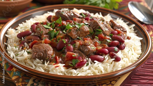 A dish of Iranian ghormeh sabzi with herbs photo