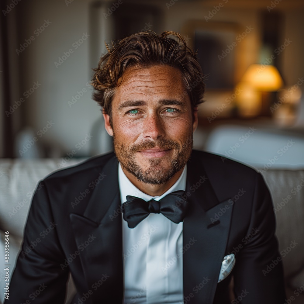 35-year-old smiling man in a tuxedo. He is sitting on the sofa in his bright, modern, expensive apartment. blonde hair neatly styled into a classic short cut. groom 35-year-old smiling man in a tuxedo. He is sitting on the sofa in his bright, modern, expensive apartment. blonde hair neatly styled into a classic short cut. groom