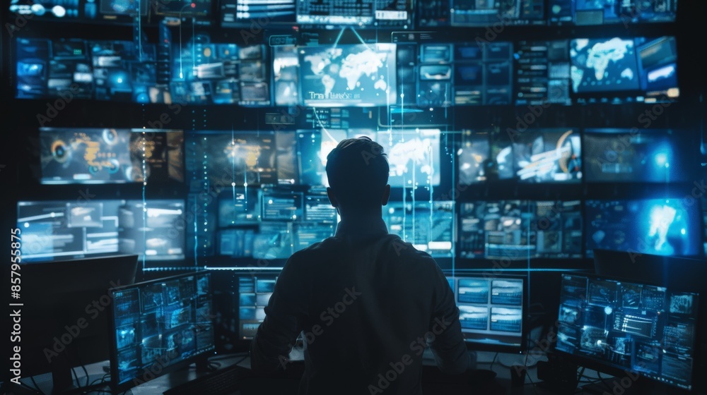 Man working on multiple floating digital screens in a dark office Man working on multiple floating digital screens in a dark office