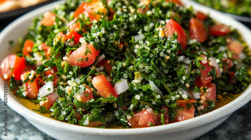 A dish of Lebanese tabbouleh with finely chopped parsley A dish of Lebanese tabbouleh with finely chopped parsley