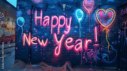 Happy New Year neon text font graffiti vibrant party mural urban art street graffiti brick wall balloons theme banner pink blue bright spray painted colorful cheerful vibrant city nightlife bar pub