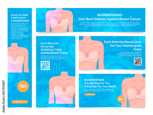 Mammogram breast cancer defense banner design template set vector flat illustration