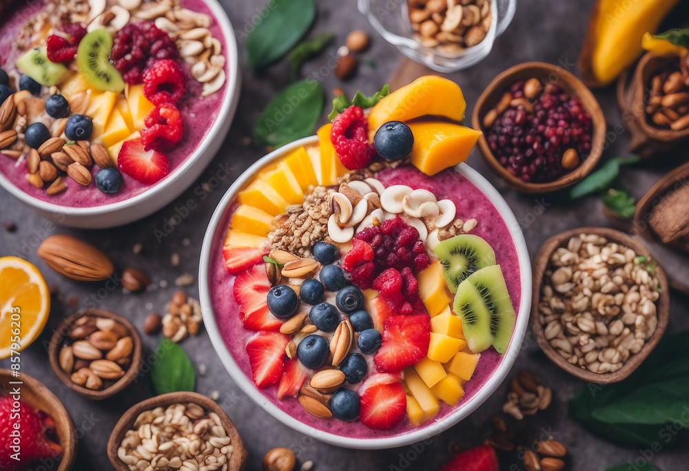 A vibrant smoothie bowl cafe, bowls filled with colorful fruits, nuts, and seeds, a visual and nutritional delight.
A vibrant smoothie bowl cafe, bowls filled with colorful fruits, nuts, and seeds, a visual and nutritional delight.