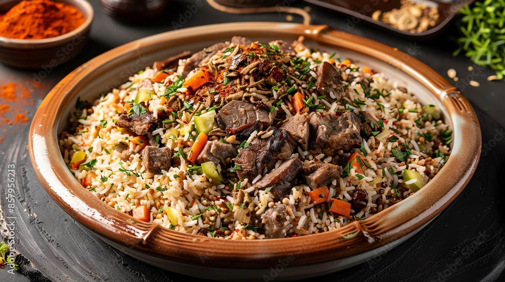 A dish of Palestinian maqluba with layered rice, vegetables, and meat, served on a large platter, photographed in a Palestinian desert with mangrove vegetation in the background A dish of Palestinian maqluba with layered rice, vegetables, and meat, served on a large platter, photographed in a Palestinian desert with mangrove vegetation in the background